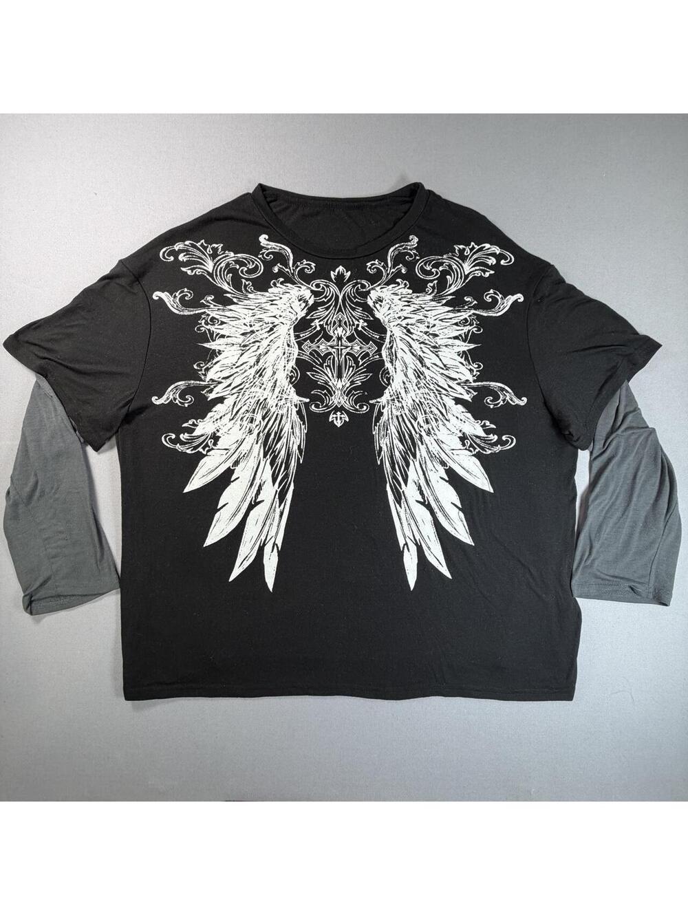Gothic Angel Wings Layered Sleeve T Shirt Mens XL Cyber Grunge Black Gray